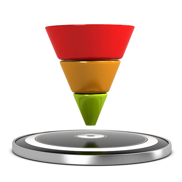 Sales Funnel Graphical representation of a conversion funnel and target over white background. 3D illustration panning for gold photos stock pictures, royalty-free photos & images
