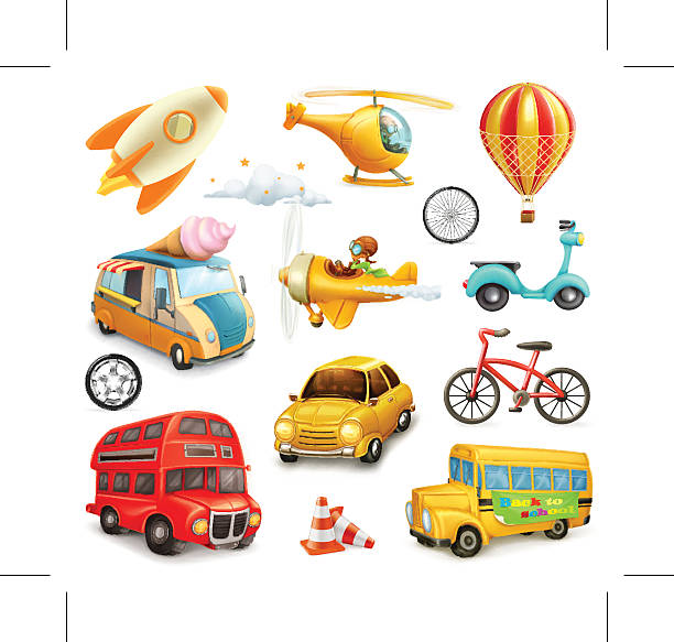 ilustrações de stock, clip art, desenhos animados e ícones de funny cartoon transportation, cars and airplanes set of vector icons - car isolated three dimensional shape white background