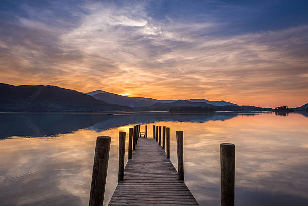 Sunset Derwent Water The sun setting over a calm Derwent Water in Lake District keswick photos stock pictures, royalty-free photos & images