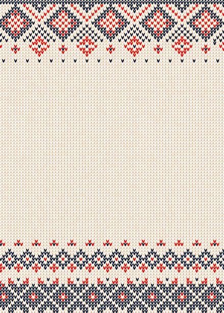 Handmade knitted background pattern with scandinavian ornaments. Vector illustration Handmade knitted abstract background pattern with scandinavian ornaments. Orange, purple, white colors. Flat style. Greeting Card, poster, banner, invitation template cardigan sweater stock illustrations