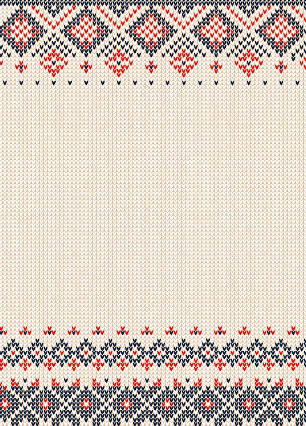 Handmade knitted background pattern with scandinavian ornaments. Vector illustration Handmade knitted abstract background pattern with scandinavian ornaments. Orange, purple, white colors. Flat style. Greeting Card, poster, banner, invitation template winter cloth pictures stock illustrations