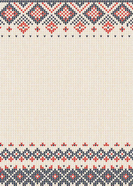 Handmade knitted background pattern with scandinavian ornaments. Vector illustration Handmade knitted abstract background pattern with scandinavian ornaments. Orange, purple, white colors. Flat style. Greeting Card, poster, banner, invitation template cardigan clothing template fashion stock illustrations