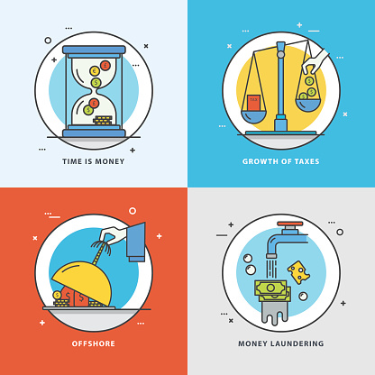 Vector set of economic icons with popular problems and phrasing: time is money, growth of taxes, offshore, money laundering. Colorful flat style perfect for news, mass media and websites.