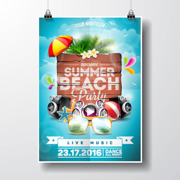 illustrazioni stock, clip art, cartoni animati e icone di tendenza di summer beach party flyer design con elementi floreali naturali - musica tropicale