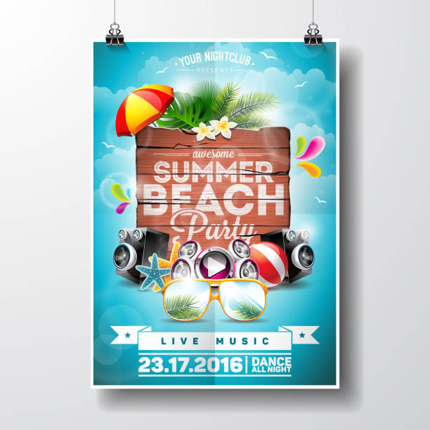 ilustrações de stock, clip art, desenhos animados e ícones de summer beach party flyer design with nature floral elements - tropical music