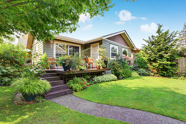 istock Backyard area with nicely trimmed garden 594456188