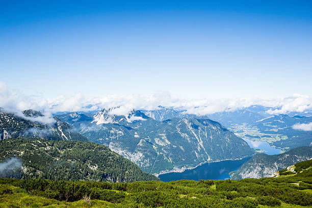 View on Traunsee (lake Traun), alps mountains, Traunstein mountain from Gmunden in Salzkammergut nearby Salzburg, Traunkirchen Austria.