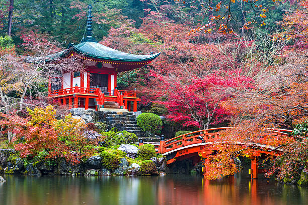 Daigo-ji Temple in Autumn Kyoto, Japan - November 17, 2015: The Bentendo Hall of Daigo-ji Temple in autumn. The temple was founded in 874. shingon buddhism stock pictures, royalty-free photos & images