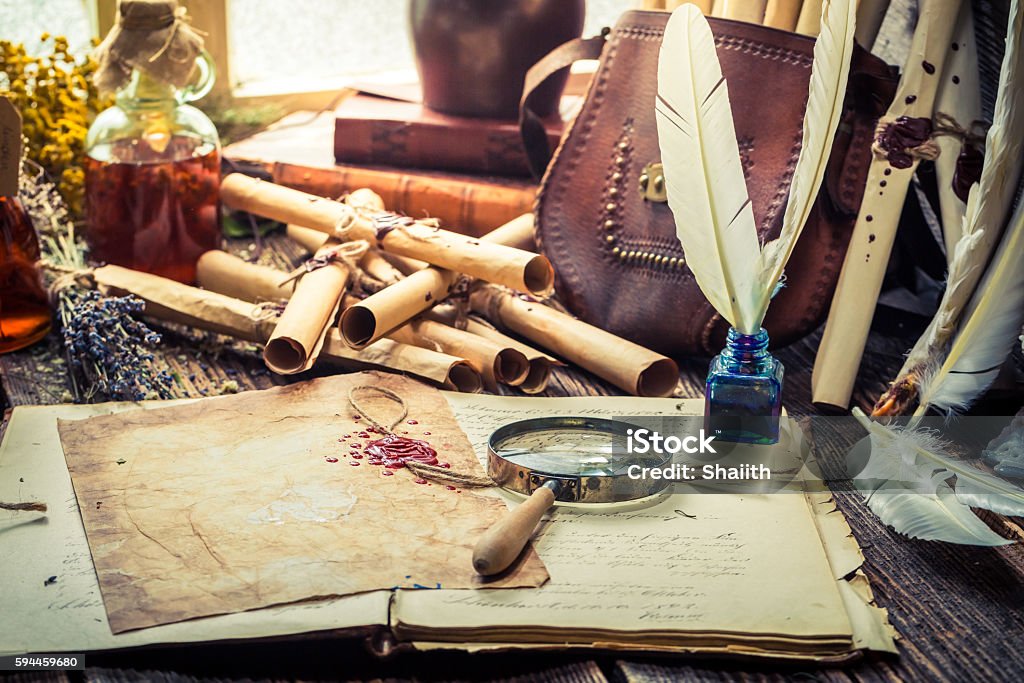 Old witcher labolatory full of scrolls and recipe Ancient Stock Photo