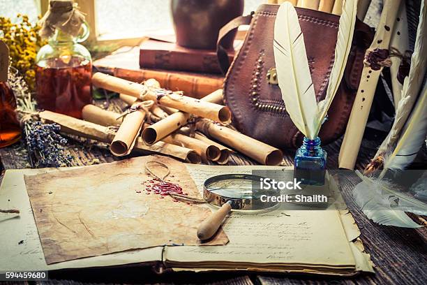 Old Witcher Labolatory Full Of Scrolls And Recipe Stock Photo - Download Image Now - Ancient, Medicine, Herbal Medicine