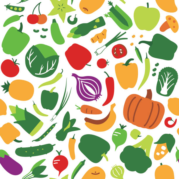 illustrazioni stock, clip art, cartoni animati e icone di tendenza di modello senza soluzione di continuità di verdure e frutta. sfondo illustrazione vettoriale - carrot seamless food vegetable