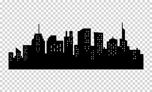 Black and white sihouette of big city skyline on transparrent background