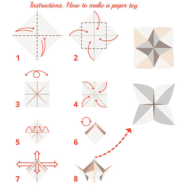origami toy Instructions how to make paper origami toy. Origami tutorial step by step. Vector origami. Educational game for kids. Visual game. Paper origami on isolated background origami instructions stock illustrations