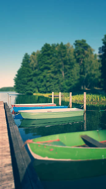 istock evening light at lake with boats and jetty -tilt shift 594462936