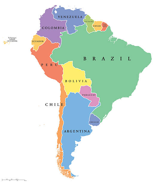 South America single states political map South America single states political map. All countries in different colors, with national borders and country names. English labeling and scaling. Illustration on white background. ecuador stock illustrations