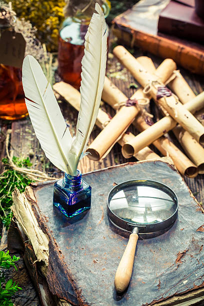 istock Vintage witcher labolatory full of scrolls and recipe 594463978