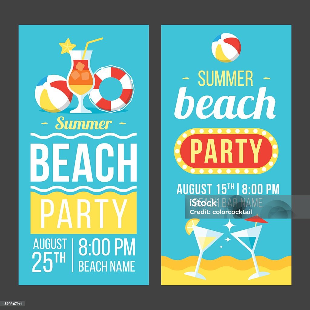 Beach party flyer Colorful vector flyer, poster or banner templates for beach party. Flat style. Eps 10. Invitation stock vector