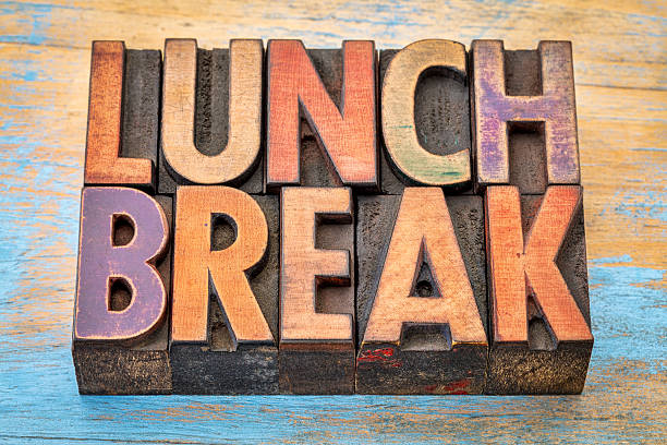 lunch break banner in wood type lunch break banner - text in vintage letterpress wood type printing blocks against grunge painted wood printing block photos stock pictures, royalty-free photos & images