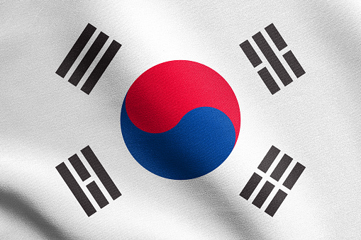 Flag of South Korea waving in the wind with detailed fabric texture. South Korean national flag.