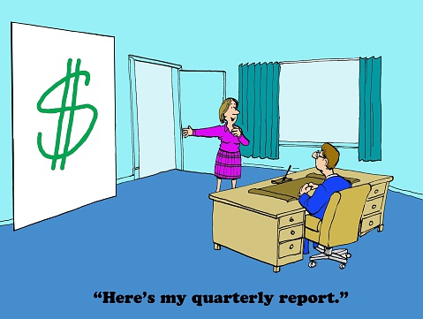 Business cartoon showing a businesswoman with a large dollar sign.