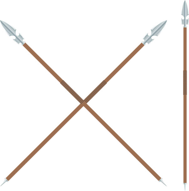 istock The ancient spear with a metal blade and wooden handle 594469788