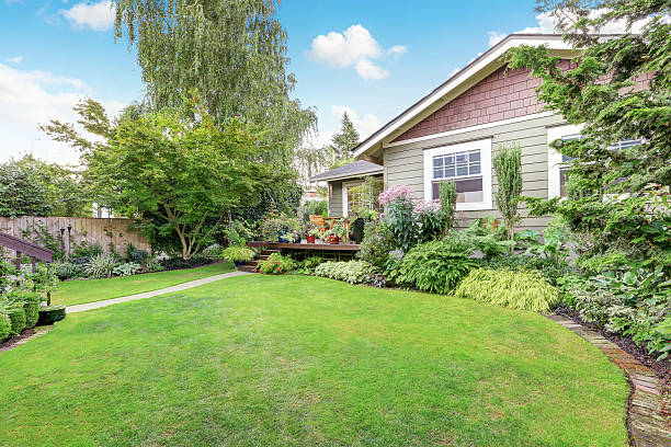 istock Backyard area with nicely trimmed garden 594471630