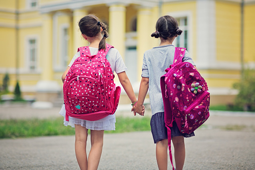 Two small girls are walking in the school yard to the entrance of the school