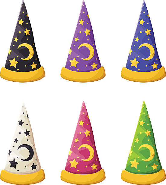 흰색 배경에 격리 된 다채로운 마법사의 모자 세트. - spiked stock illustrations