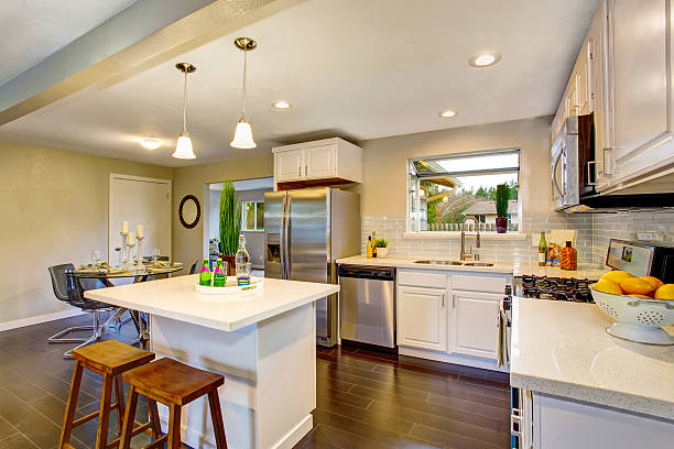 istock Modern kitchen room interior with white cabinets, stainless steel 594474132