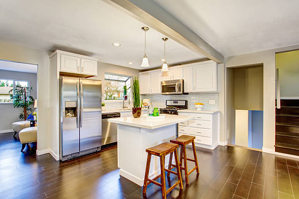 istock Modern kitchen room interior with white cabinets, stainless steel 594474176
