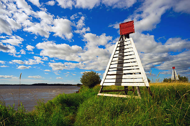 Alignment marks on the banks of the Ob river.