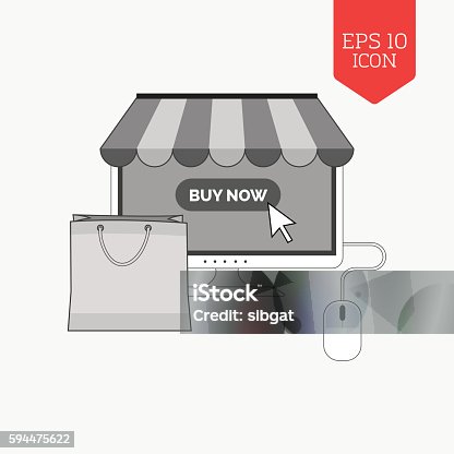 istock Monitor with awning and shopping bag icon, online shopping 594475622