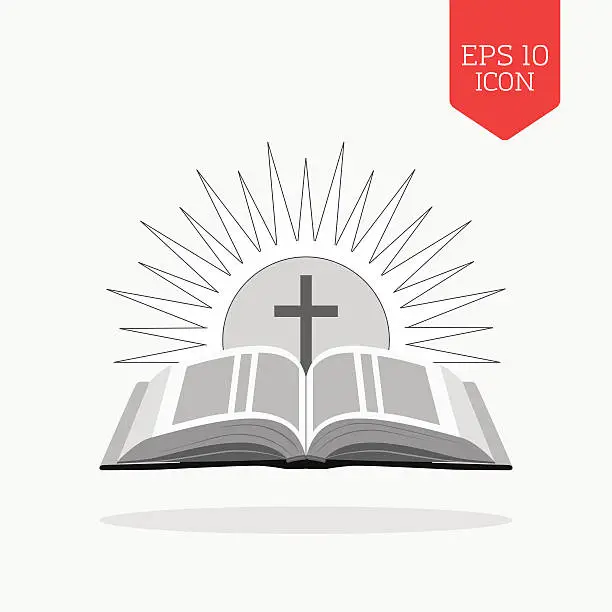 Vector illustration of Open bible with sun and cross icon. Church logo concept.