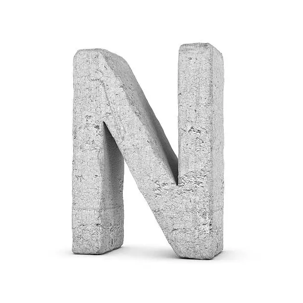 3D rendering concrete letter N isolated on white background. Signs and symbols. Alphabet. Cracked surface. Textured materials. Cement object.