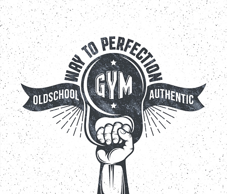 Hand lifting kettlebell - logo, emblem gym. Motivation street workout poster. Vector illustration. Background and grunge texture on separate layers.