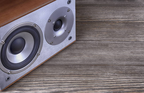 istock Acoustic speaker on a wooden background 594477204