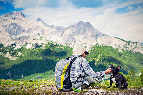 istock Young man relaxing with dog at mountain pass, Dolomities 594477552