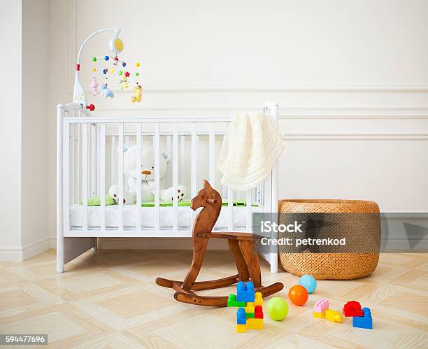 Empty Cozy Nursery Room In Light Tones Stock Photo - Download Image Now - Nursery - Bedroom, Crib, Basket