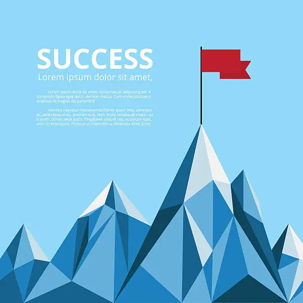 Vector illustration of Achievement banner. Flag on top of mountain. Successful concept.