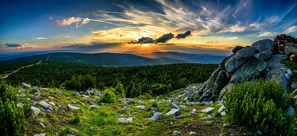 Stunning mountains panorama in the evening stunning mountains panorama in the evening, sunset  Karkonosze Mountains karkonosze mountain range photos stock pictures, royalty-free photos & images