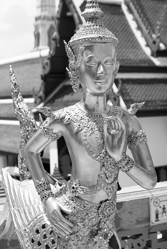 Beautiful golden angel statue B&W style of the Emerald Buddha temple(Wat phra kaew) and Royal Grand Palace ,Bangkok,Thailand.