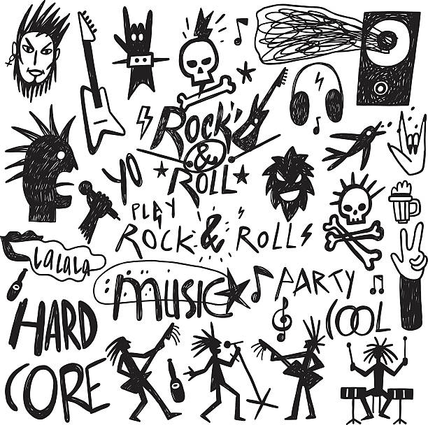 Rock music doodles Rock music  - set icons in sketch style , design elements punk rock stock illustrations