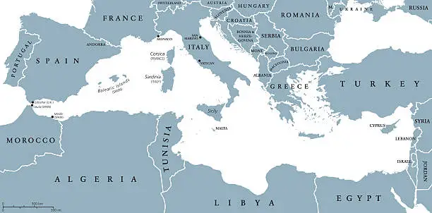 Vector illustration of Mediterranean Sea Region Countries Map