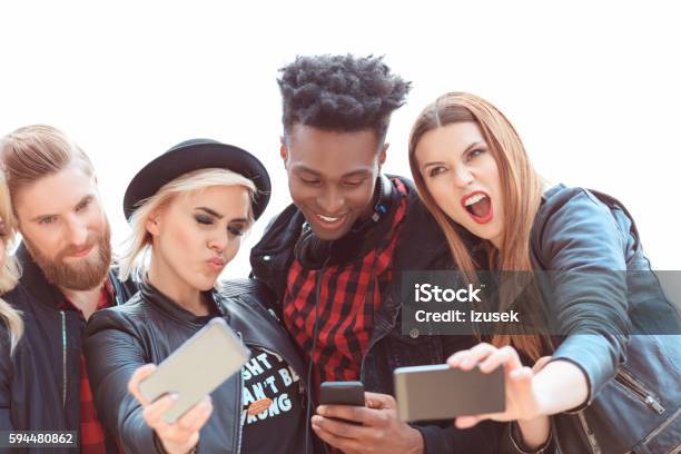 Multi Ethnic Group Of Friends Taking Selfie Outdoor Stock Photo - Download Image Now