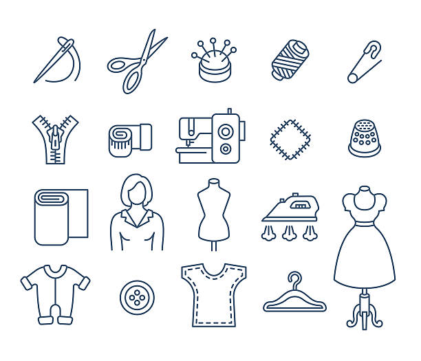 ilustraciones, imágenes clip art, dibujos animados e iconos de stock de iconos vectoriales de línea delgada plana de herramientas de coser - acerico