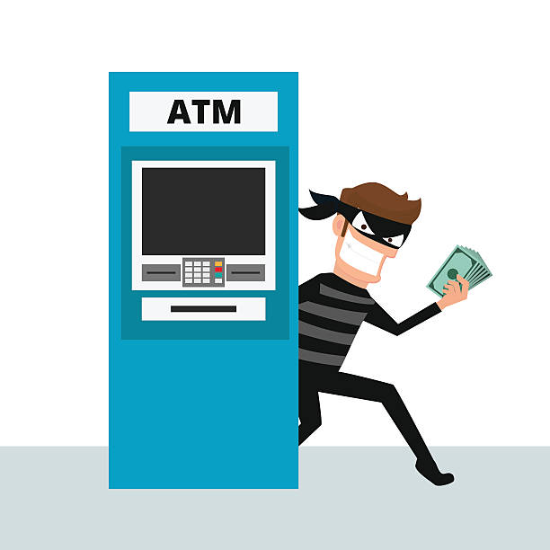 Thief. Hacker stealing money from ATM machine. Thief. Hacker stealing money from ATM machine. Cartoon Vector Illustration. business risk stock illustrations