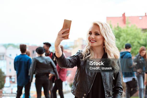 Young Woman Taking Selfie Outdoor Stock Photo - Download Image Now - 20-29 Years, Adult, Autumn