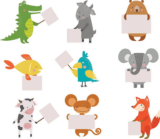 Cute animals vector character Cute animals vector character isolated on white backgrund. Pretty kids style wild and farm pet animals character isolated. Some animal holding paper banner fur protest stock illustrations
