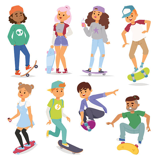 Skateboard characters vector illustration Skateboard characters set stylish kids. Vector illustration skateboard characters cartoon male activity extreme icon. Extreme activity speed child doodle skateboard characters set. skater girl stock illustrations