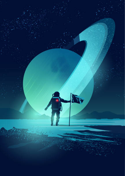 Astronaut and Planet System An Astronaut plants a flag on a distant planet set against a gas giant ringed planet. Vector illustration astronaut silhouettes stock illustrations
